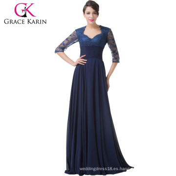 Grace Karin 2015 más nuevo vestido de noche formal de encaje largo azul marino con manga larga CL6234